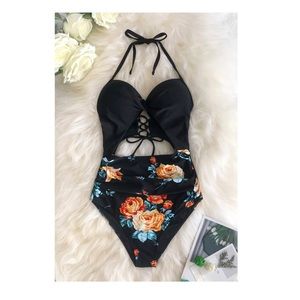 NWT Black Floral Print Halter One Piece M Swimsuit